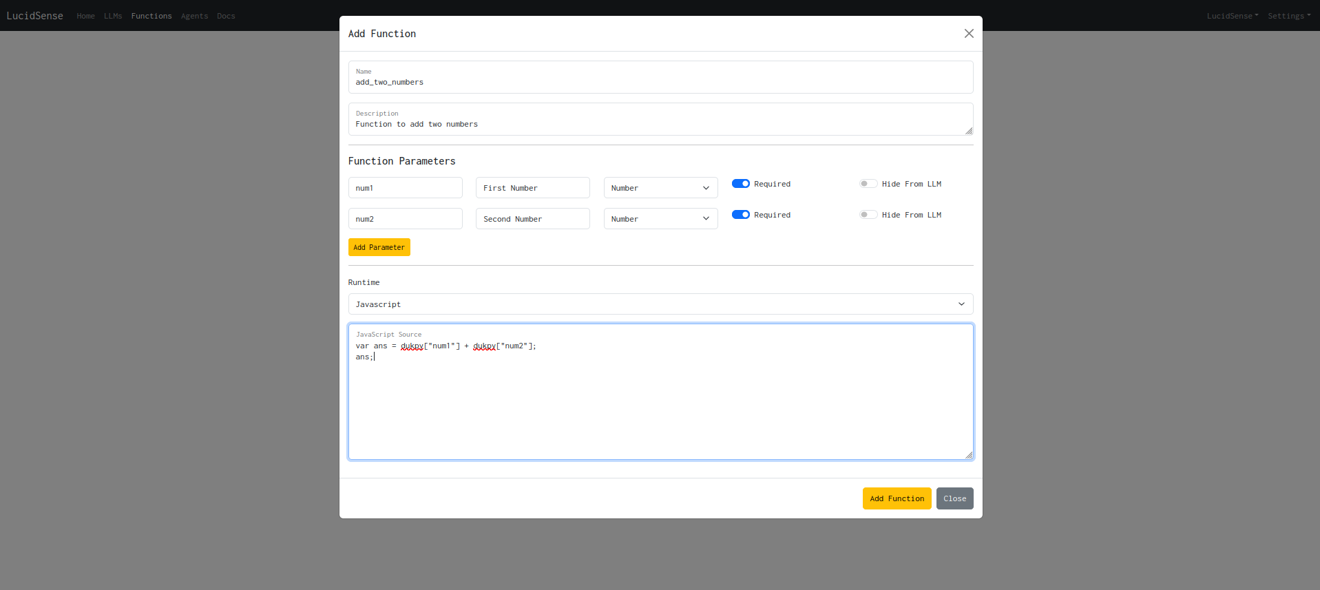 Create javascript function